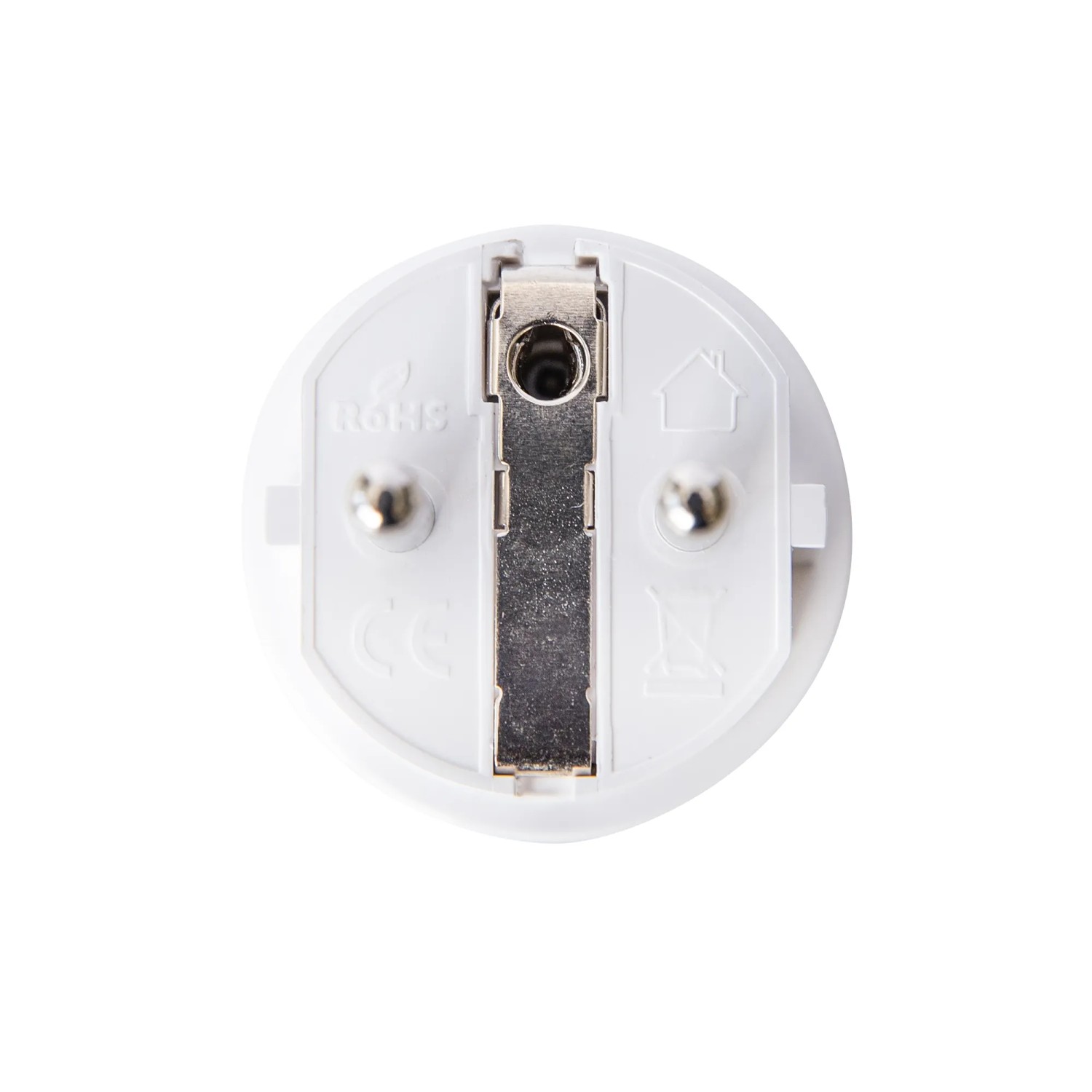 Detailaufnahme des weißen Shelly Smart-Steckers Plug S Gen3, Unterseite mit Kontakten.