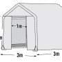 Skizze des ShelterLogic Foliengewächshauses 9 m² mit Maßangaben.
