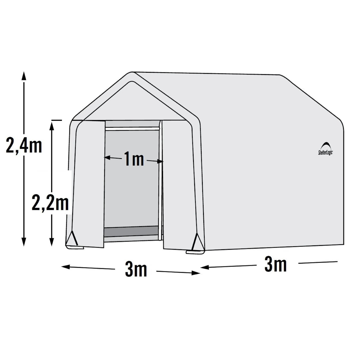 Skizze des ShelterLogic Foliengewächshauses 9 m² mit Maßangaben.