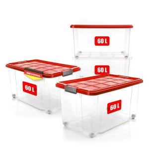 BigDean 4er-Set 60L Aufbewahrungsboxen mit roten Deckeln, stapelbar und rollbar.