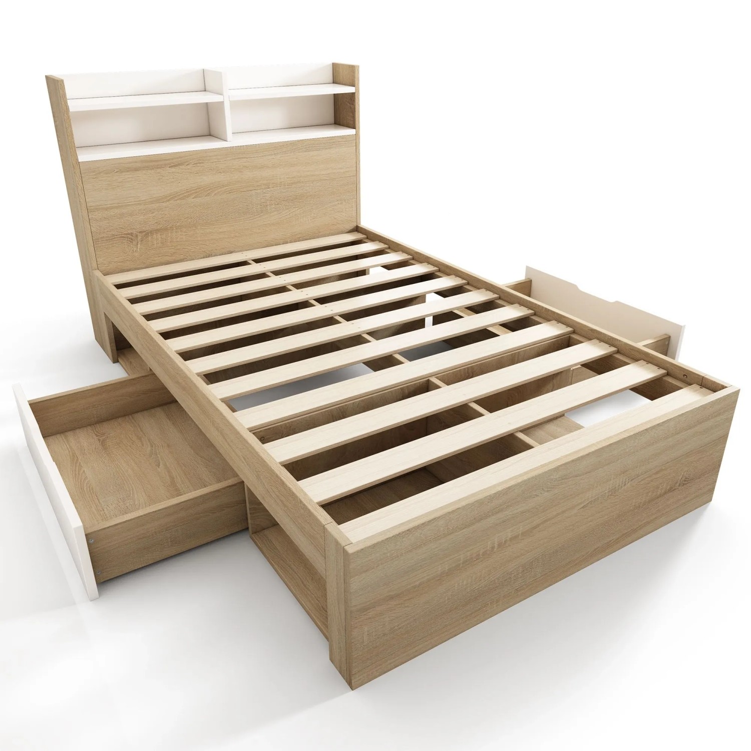 Merax Einzelbett 90x190cm Stauraum Schubladen Weiß Eiche