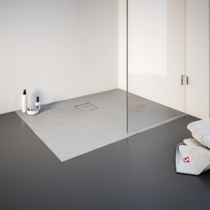 Rechteckige, graue Schulte Duschwanne ExpressPlus (100x80 cm) mit Ablauf und Steinoptik im modernen Badezimmer.