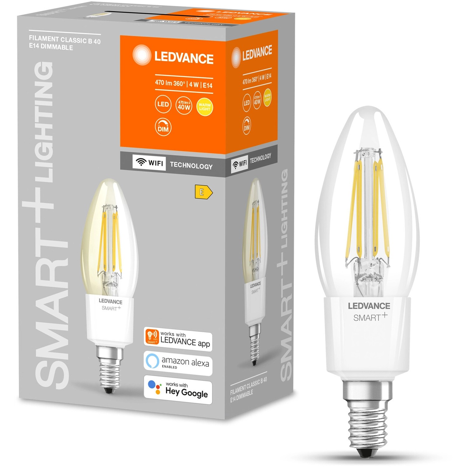 Ledvance Smart+ Filament LED-Lampe, E14, 4W, Kerzenform, transparent. Smarte Steuerung per App.