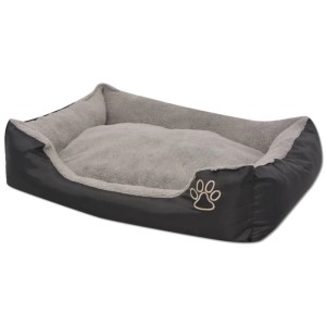 Schwarzes vidaXL Hundebett XL mit gepolstertem Kissen und Pfoten-Applikation.