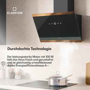 Schwarze Klarstein FlashLine 60 Dunstabzugshaube mit Touch-Bedienfeld und Kupferfarbenen Akzenten.
