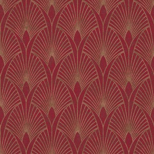 Rote Vliestapete mit goldenem Art Deco Ornament Muster für Wohn- und Esszimmer.