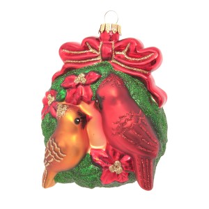 Krebs Glas Lauscha Weihnachtskugel: Kranz mit zwei Kardinalvögeln, 4cm Christbaumschmuck.