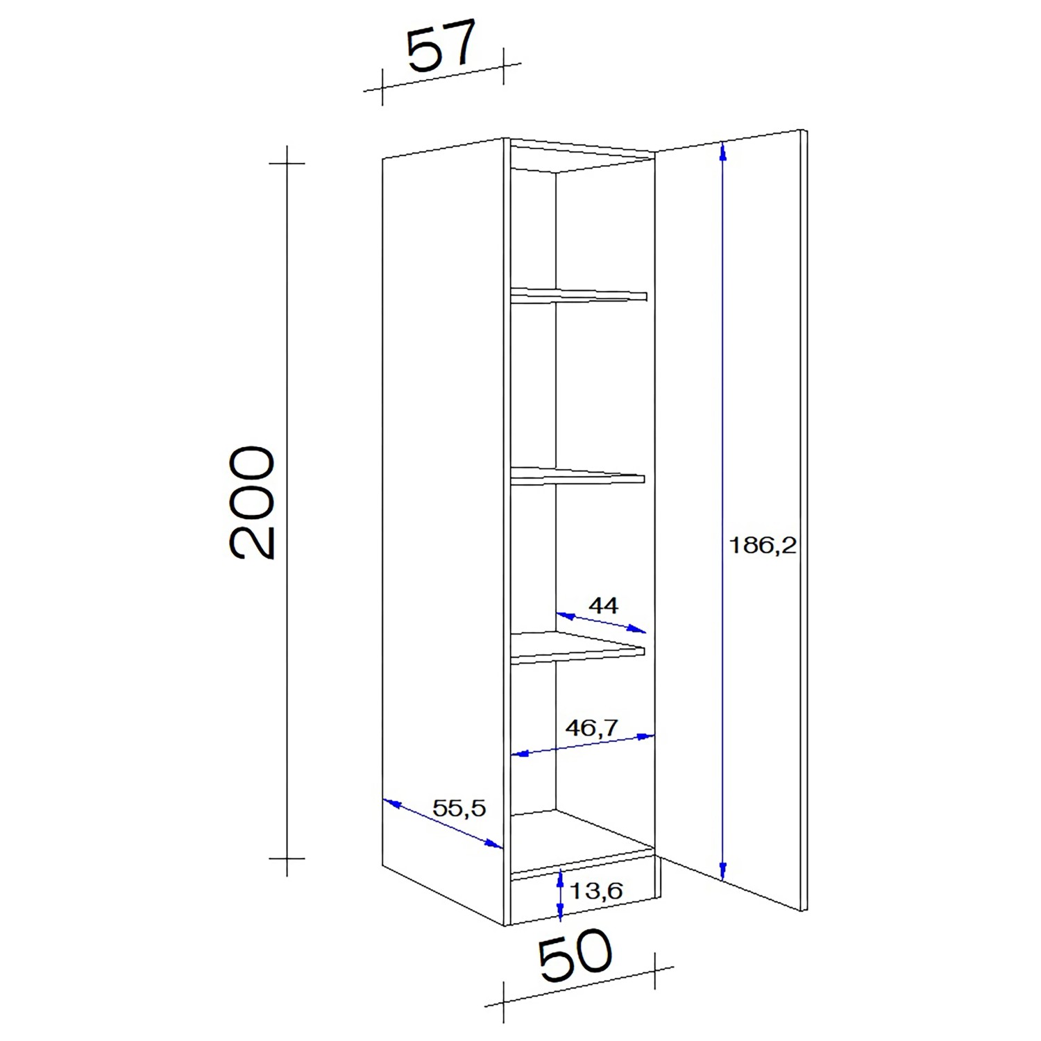 Technische Zeichnung: Flex-Well Exclusiv Geschirrschrank Lund, 50 cm breit, mit Maßen.