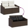 Braunes Poly-Rattan Gartenmöbel-Set mit creme-farbenen Kissen und Stauraum.