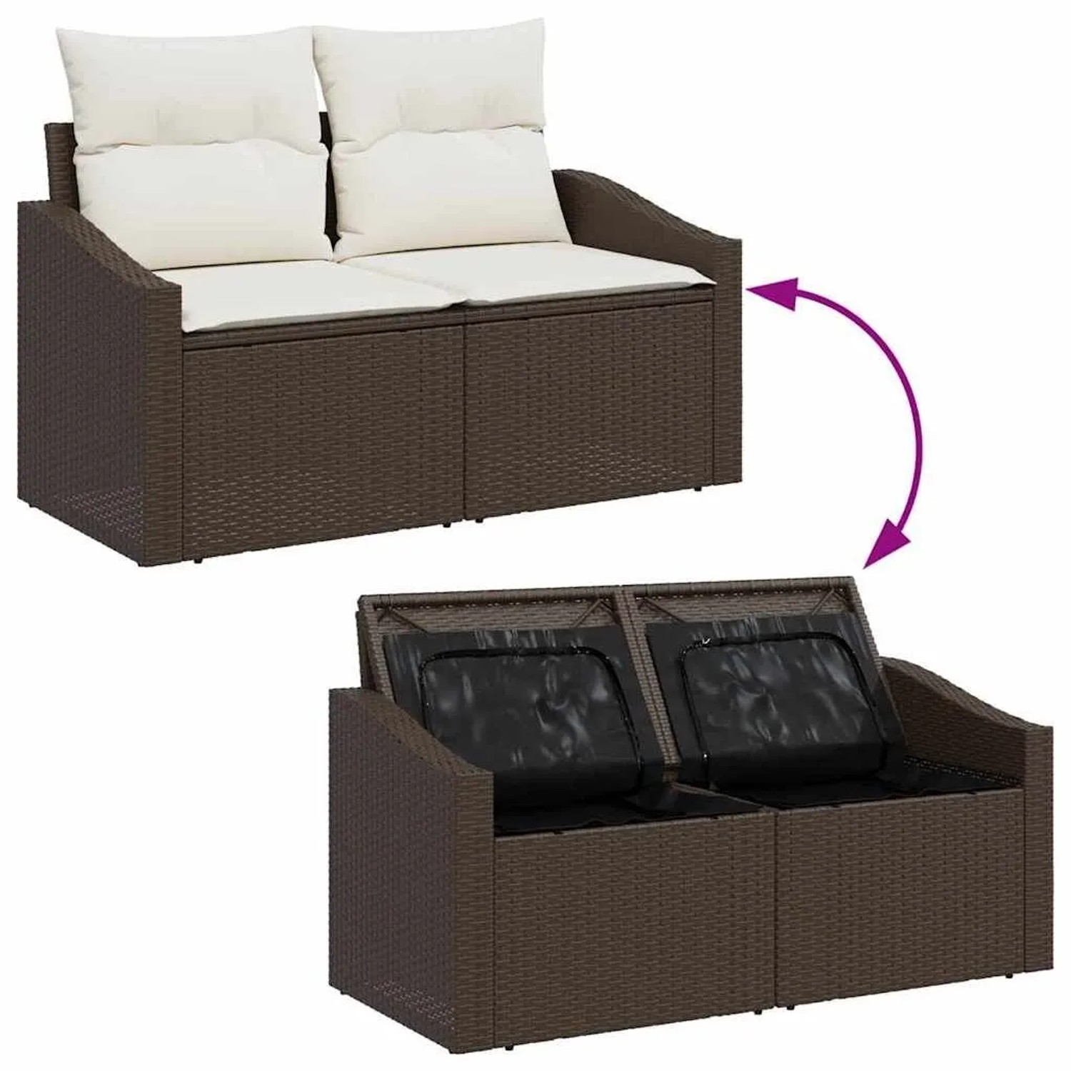 Braunes Poly-Rattan Gartenmöbel-Set mit creme-farbenen Kissen und Stauraum.