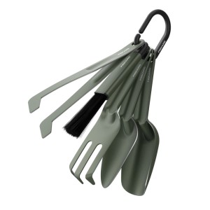 Fiskars Pflanzwerkzeug-Set, 5-teilig, grün: Grubber, Kelle, Schaufel, Pinzette und Bürste am Ring.