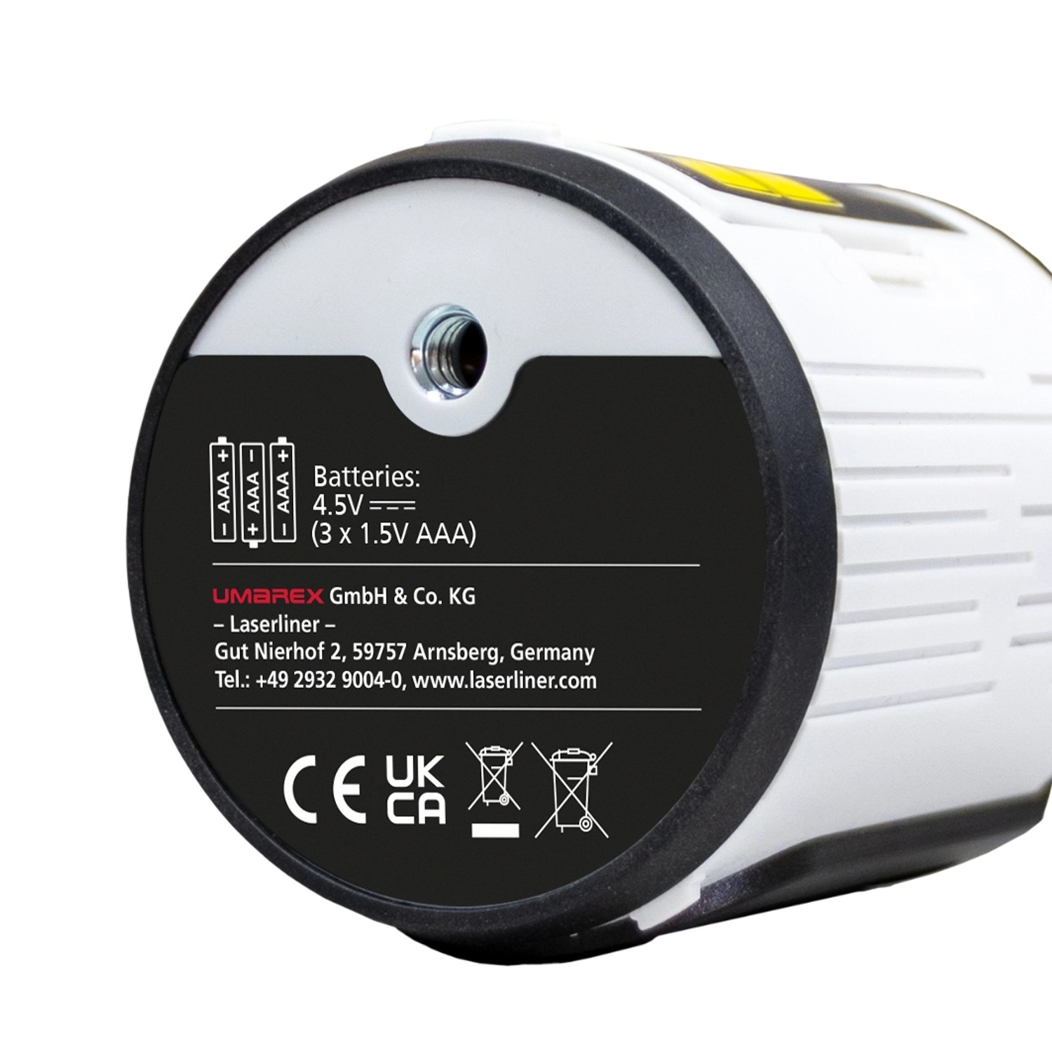 Rückseite des Laserliner EasyCross-Laser Green mit Batteriefach und Herstellerinformationen.