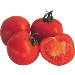 Rote, runde Grow by OBI Tomaten, eine halbiert, Fruchtgemüse.