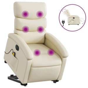Elektrischer Massagesessel mit Aufstehhilfe in Creme Kunstleder, Relaxsessel für Senioren mit Vibrationsmassage.