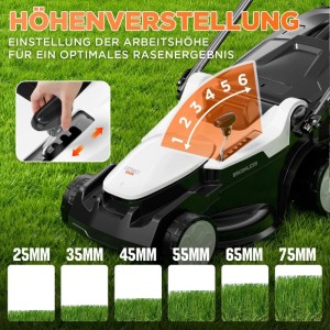 Litheli Akku-Rasenmäher: Detailaufnahme der 6-stufigen Höhenverstellung für optimales Rasenergebnis.