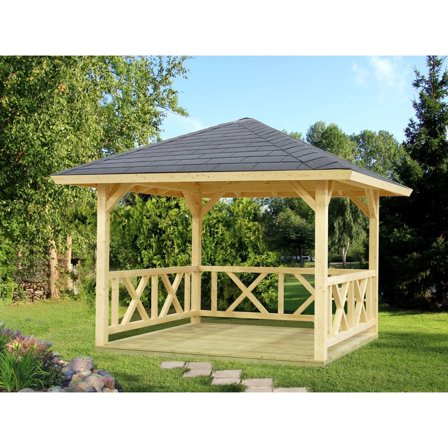 Palmako Holz-Pavillon Betty, naturbelassen, 300x300 cm, ohne Fußboden. Gartenlaube aus Fichtenholz mit schwarzem Dach.