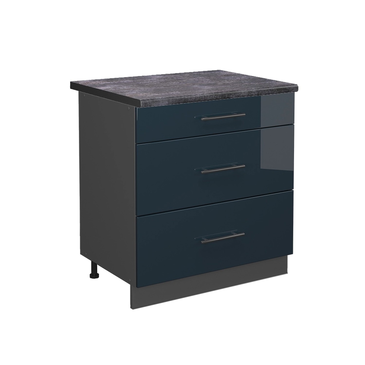Vicco Küchenunterschrank Fame-Line Dunkelblau Hochglanz/Anthrazit 80 cm mit 3 Schubladen AP Anthrazit