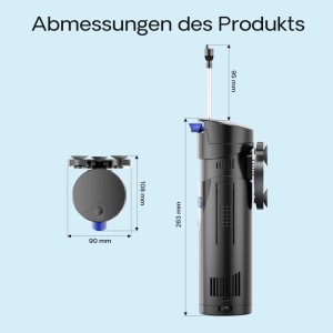 SunSun CUP-807 Aquarium Innenfilter mit Pumpe und UVC-Klärer, Abmessungen des Produkts.