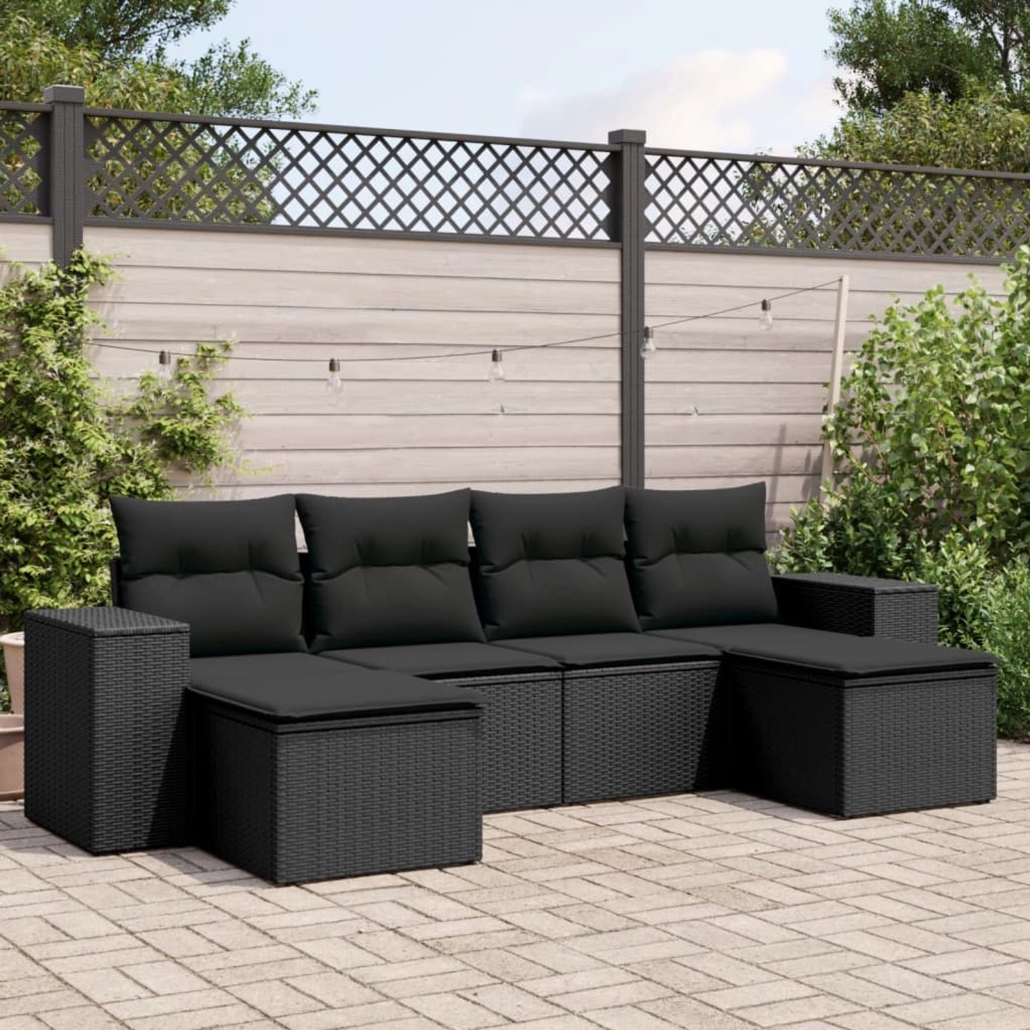 Schwarze 6-tlg. vidaXL Garten-Sofagarnitur aus Poly Rattan mit Kissen.