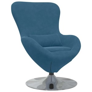 Blauer Samt Eiersessel mit hoher Rückenlehne, kleinem Kissen und drehbarem Metallfuß. Moderner Loungesessel.