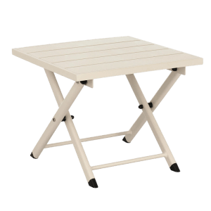 Beiger, klappbarer Beistelltisch TAYLOR für den Garten. Quadratische Tischplatte mit Lattenstruktur.