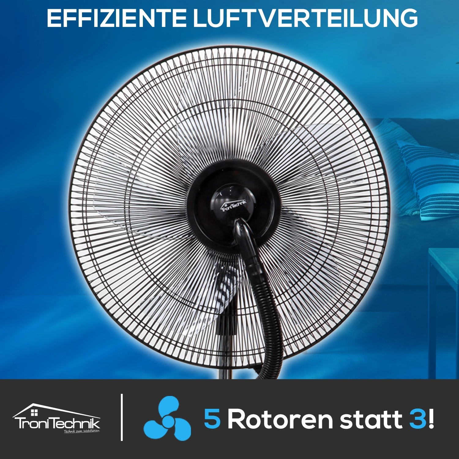 TroniTechnik Standventilator mit Wasserkühlung, Fernbedienung und Oszillation für effiziente Kühlung.