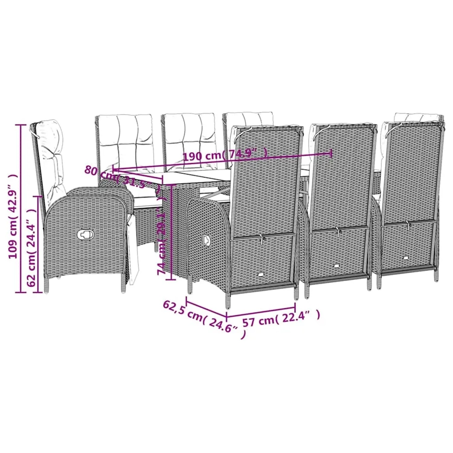 vidaXL 9-tlg. Garten-Essgruppe grau mit Kissen. Rattan Gartentisch mit 8 Stühlen und Polster.