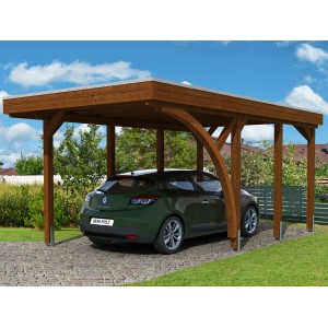 Skan Holz Carport Friesland Set 5 in Nussbaum mit Auto. Einzelcarport aus Holz mit Flachdach.
