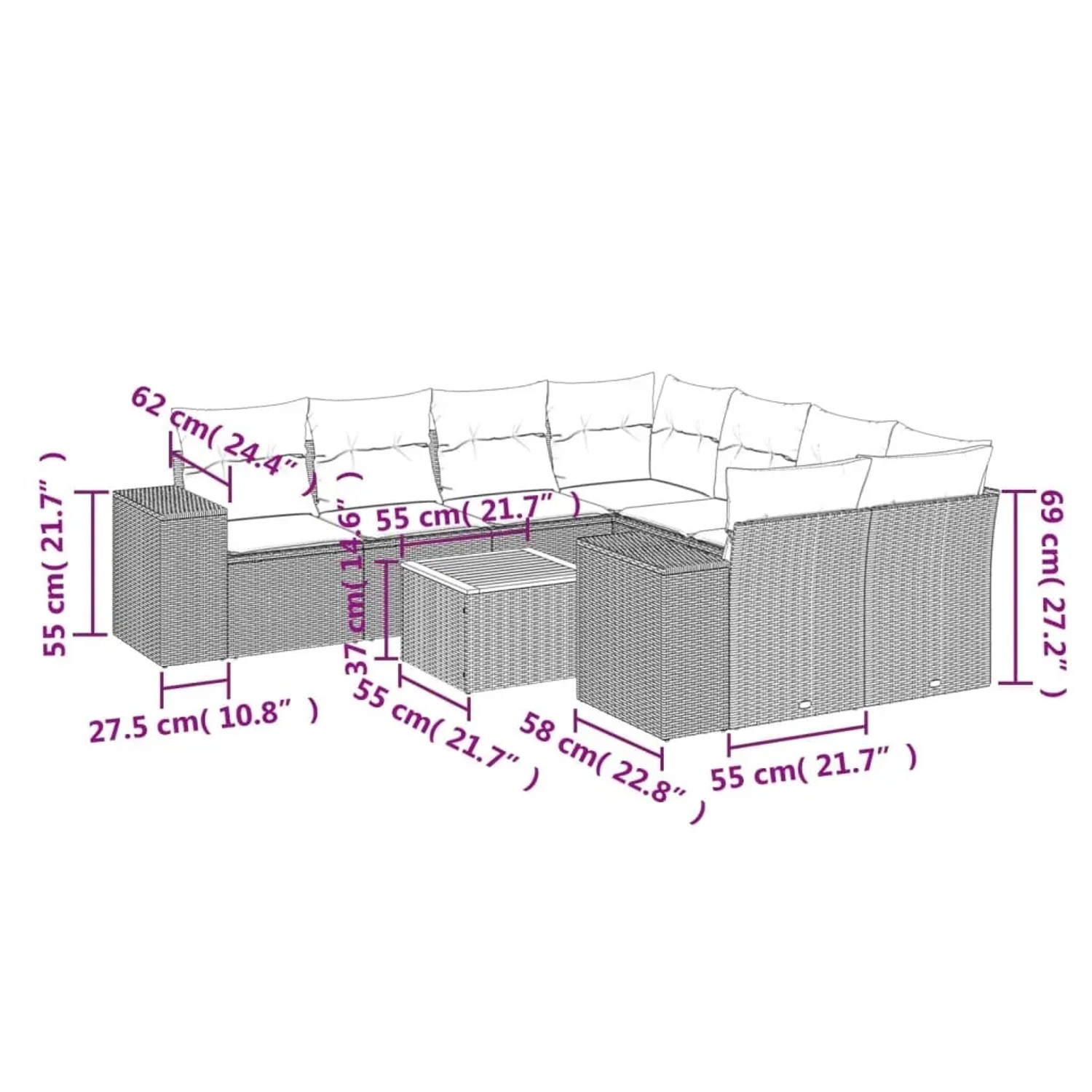 Beige 9-teilige Garten-Sofagarnitur aus Polyrattan mit Kissen. Gartenmöbel für Terrasse und Garten.