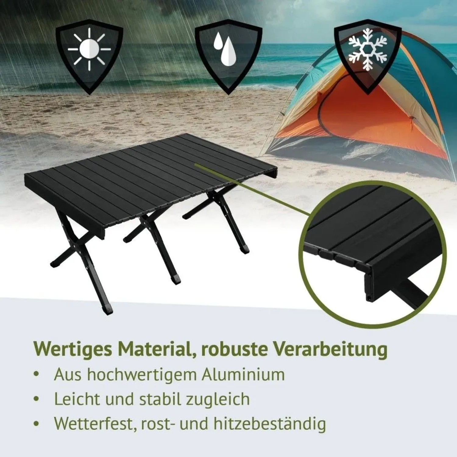 Schwarzer Jawinio Aluminium Campingtisch, klappbar, mit Lamellenplatte und X-Beinen, wetterfest, ideal für Camping.