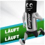 Lustige Darstellung: Energizer Akku als Comicfigur beim Laufen. AAA Micro Akku.