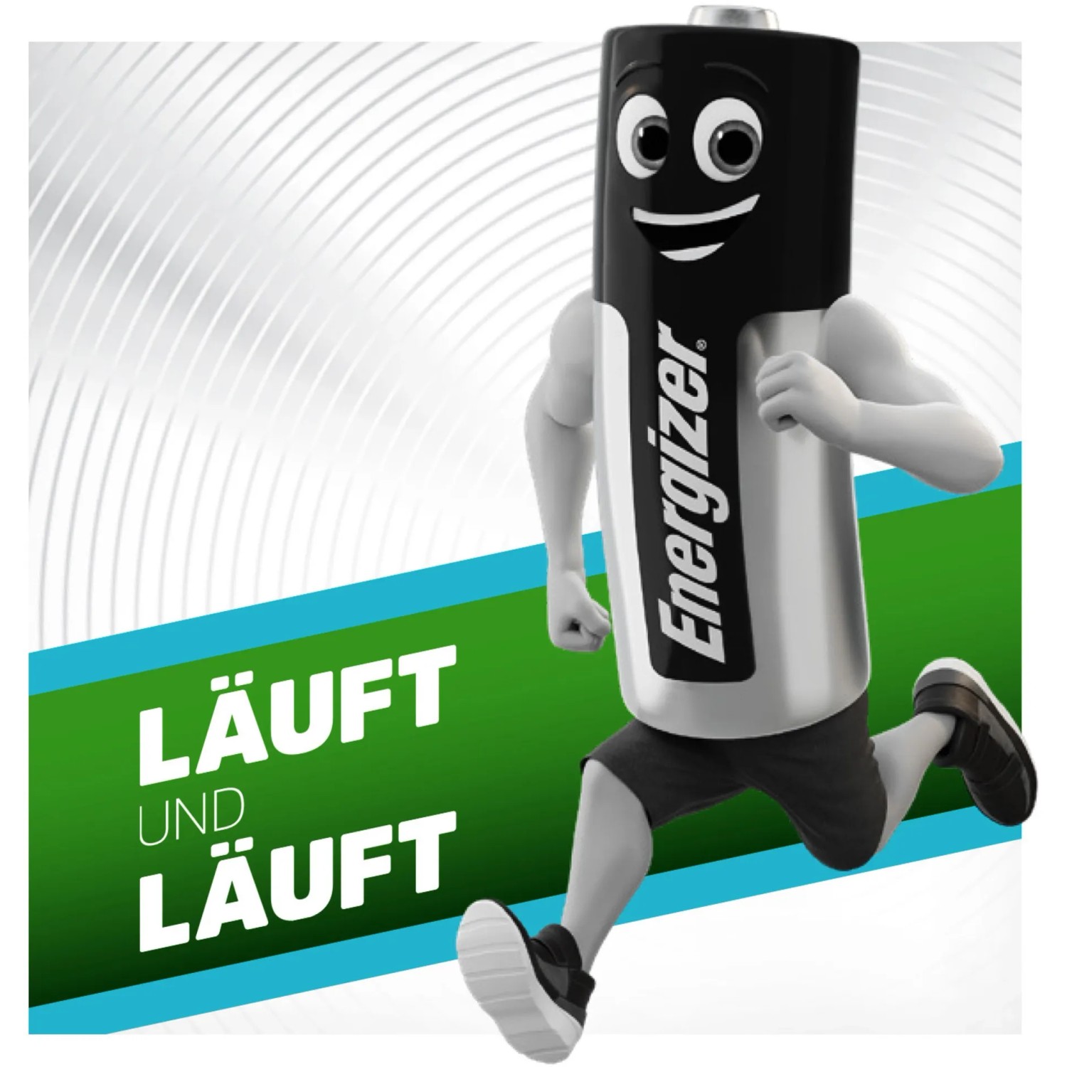 Lustige Darstellung: Energizer Akku als Comicfigur beim Laufen. AAA Micro Akku.
