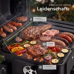 Tectake Holzkohlegrill Florian Mit 2 Rädern Regulierbare Luftzufuhr und Thermometer  64 x 110 x 104 cm Schwarz