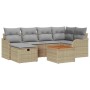 Beiges 7-teiliges Garten-Sofa-Set aus Rattan mit Kissen und Stauraum.