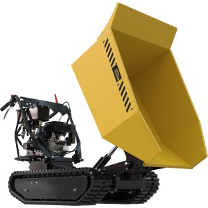 Güde Raupendumper GRD 500/R in Gelb-Schwarz mit hochgeklappter Mulde.