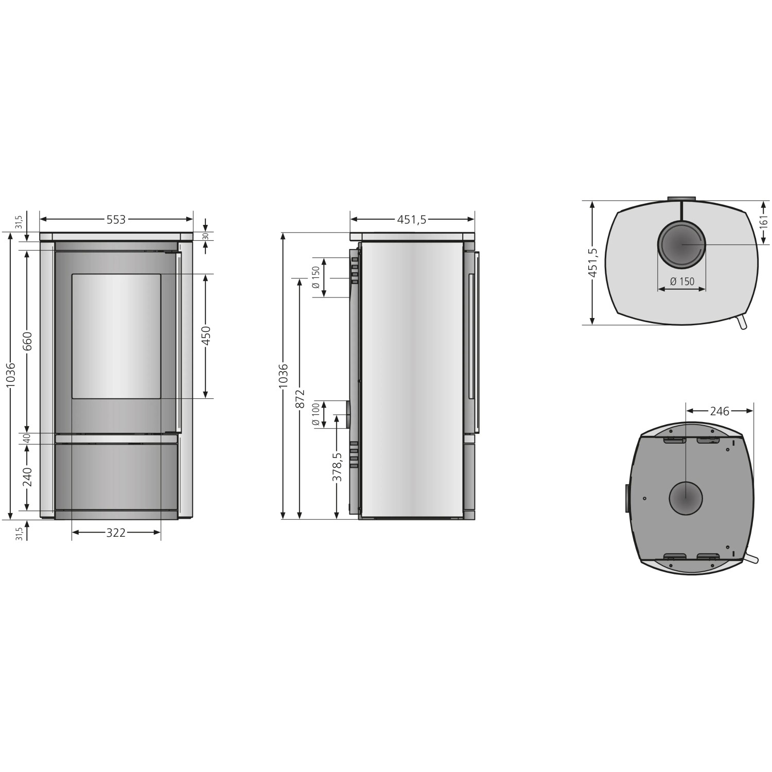 Technische Zeichnung: Justus Reno R Kaminofen Speckstein 6 kW mit Maßen und Ansichten.