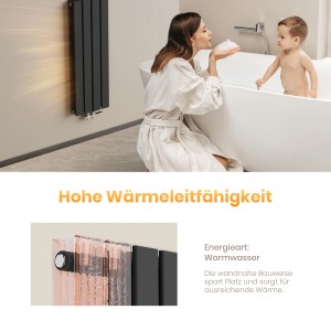 Schwarzer Emke Badheizkörper (180x30cm) im modernen Bad mit Mutter und Kind in der Badewanne.