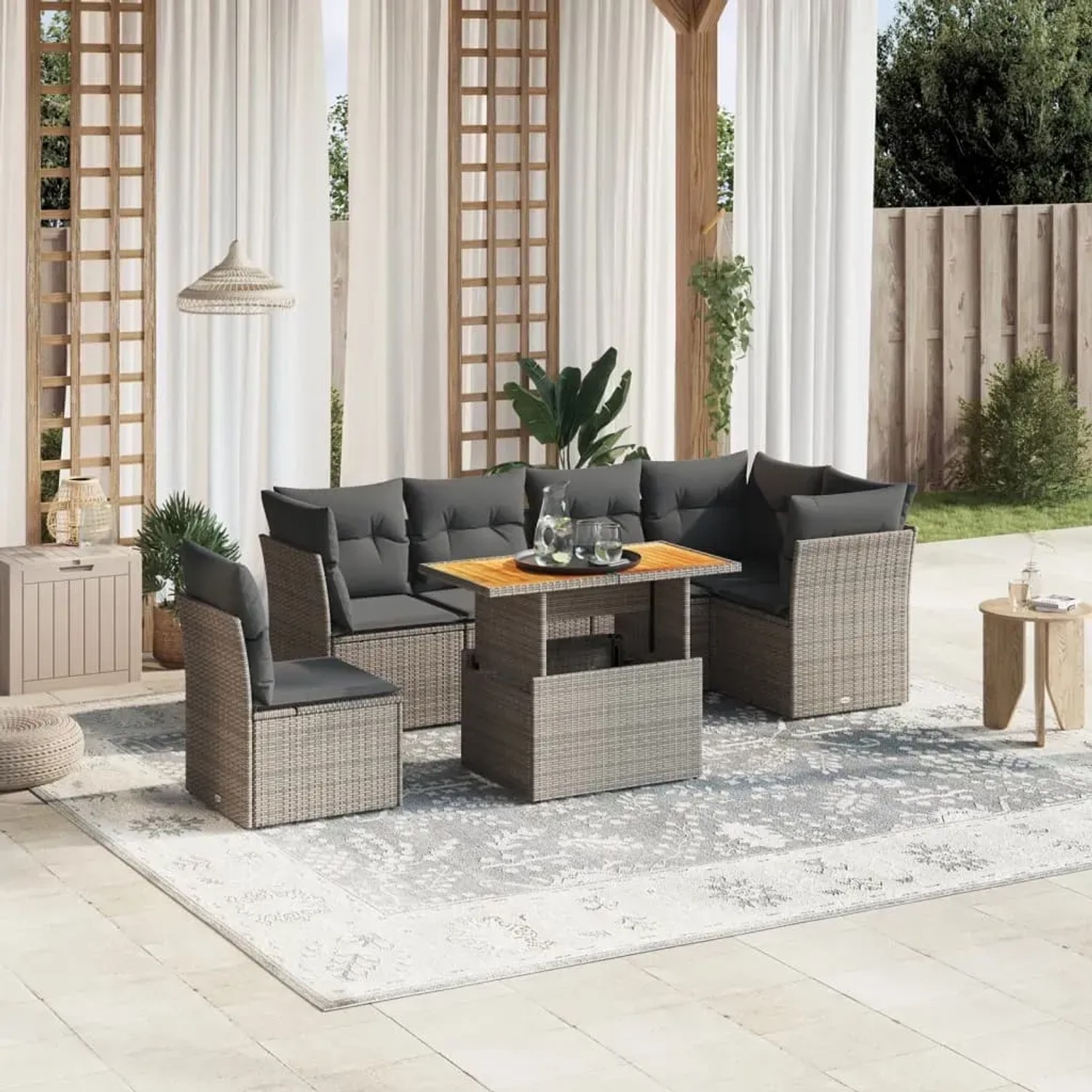 Graue 7-tlg. vidaXL Garten-Sofagarnitur aus Polyrattan mit Tisch und Kissen.