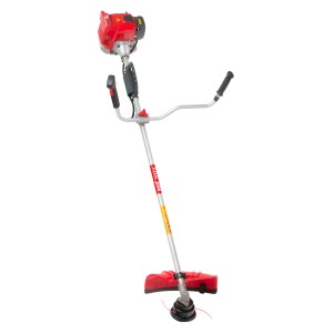 MTD Benzin-Motorsense 1035 K mit rotem Gehäuse, Bullhorn-Griff und Fadenkopf.