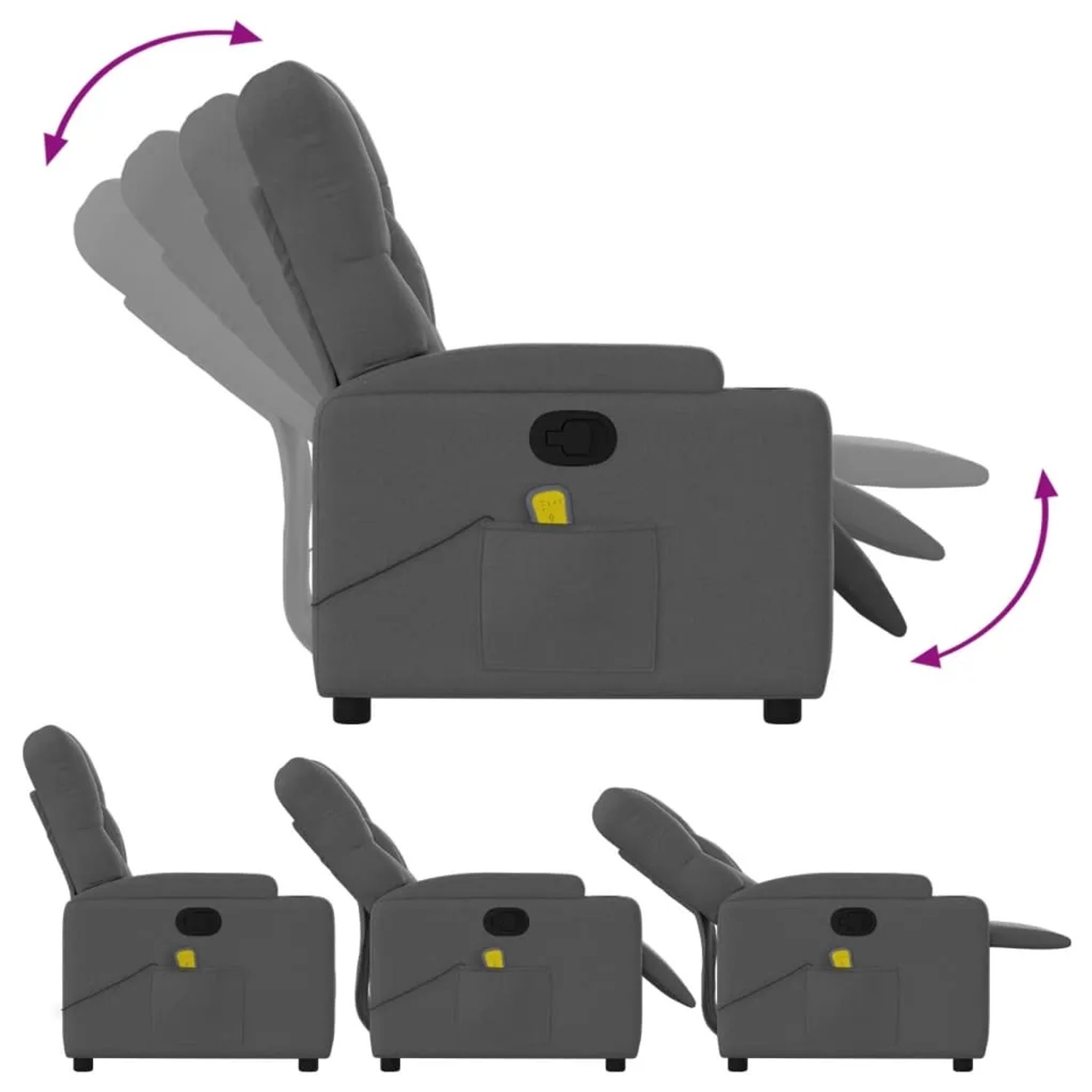 Dunkelgrauer vidaXL Massagesessel Modell 10 aus Samt mit verstellbarer Rückenlehne und Fußstütze.