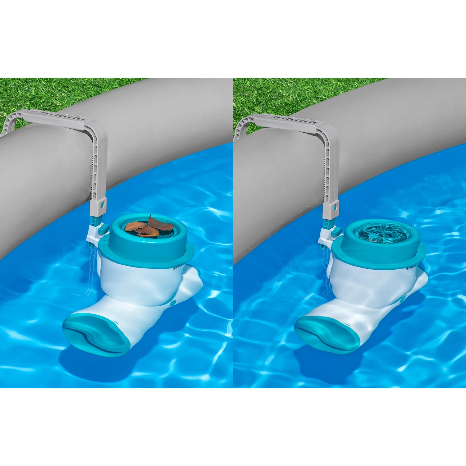 Bestway Skimatic 2-in-1 Filterpumpe mit Einhängeskimmer am Poolrand.