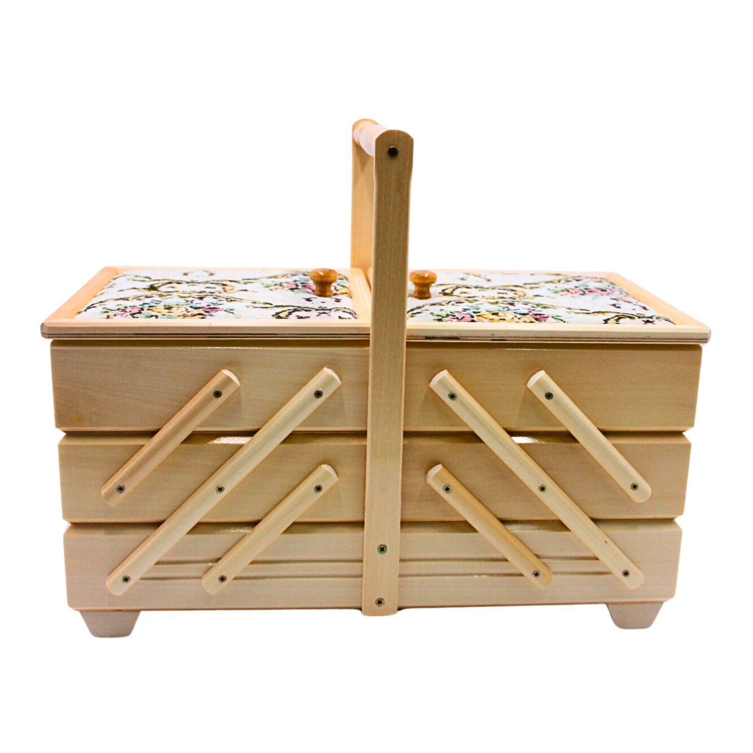 Dekohelden24 Hochwertiger Nähkasten Nähkästchen aus Furnierholz mit 7 Fächern und Stoffbezug Rosenmotiv in Natur L/B/H 42 x 20 x 21 cm