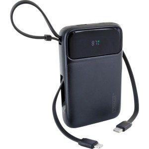 Schwarze Schwaiger Powerbank mit LED-Anzeige (87%), integrierten USB-C- und Lightning-Kabeln für Handys.