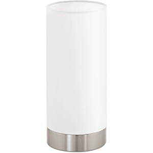 Weiße Eglo Tischleuchte Pasteri mit Touch-Funktion und Metallsockel.