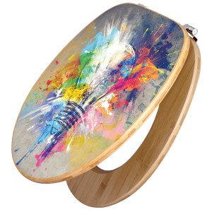 Banjado WC-Sitz aus Bambus mit Motiv einer bunten Glühbirne. Toilettendeckel mit Universal Scharnieren.