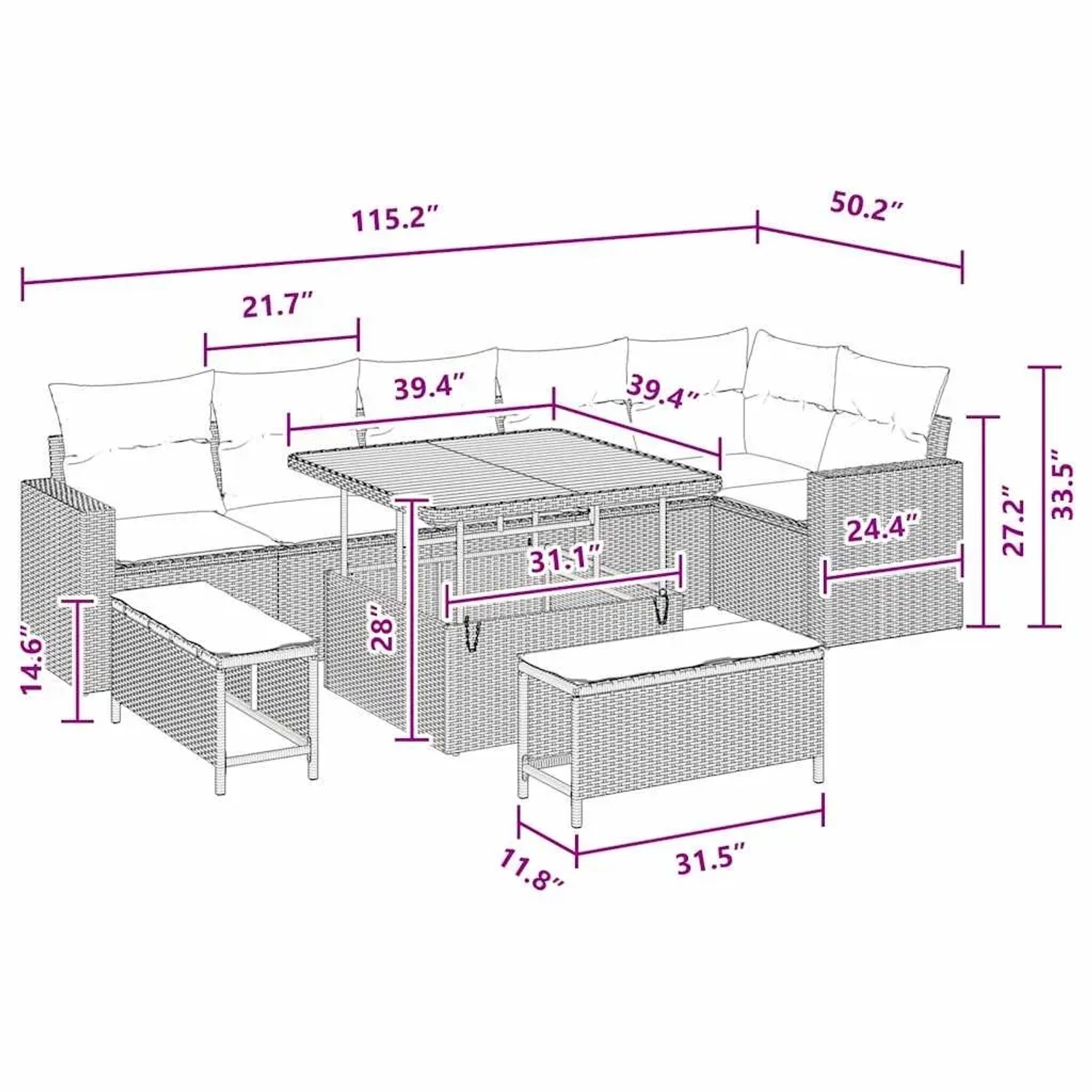 vidaXL Gartenmöbel Set, 9-teilig, schwarz, Poly Rattan, mit Sofa, Sesseln, Hockern und Tisch, Maße eingezeichnet.