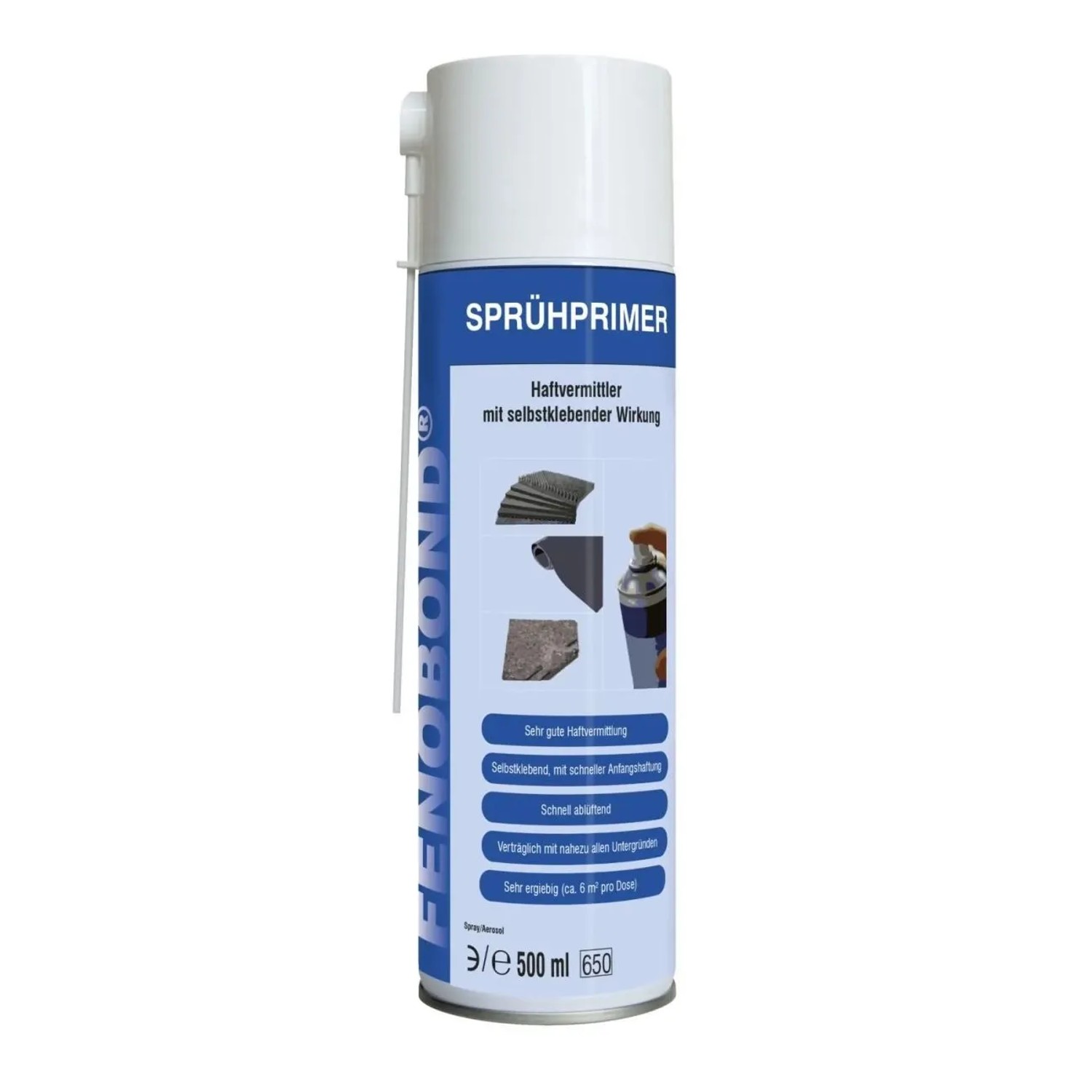 Fenoplast Fenobond Sprühprimer 500 ml, silberne Aerosoldose mit weiß-blauem Etikett. Haftvermittler für präzise Verklebungen.