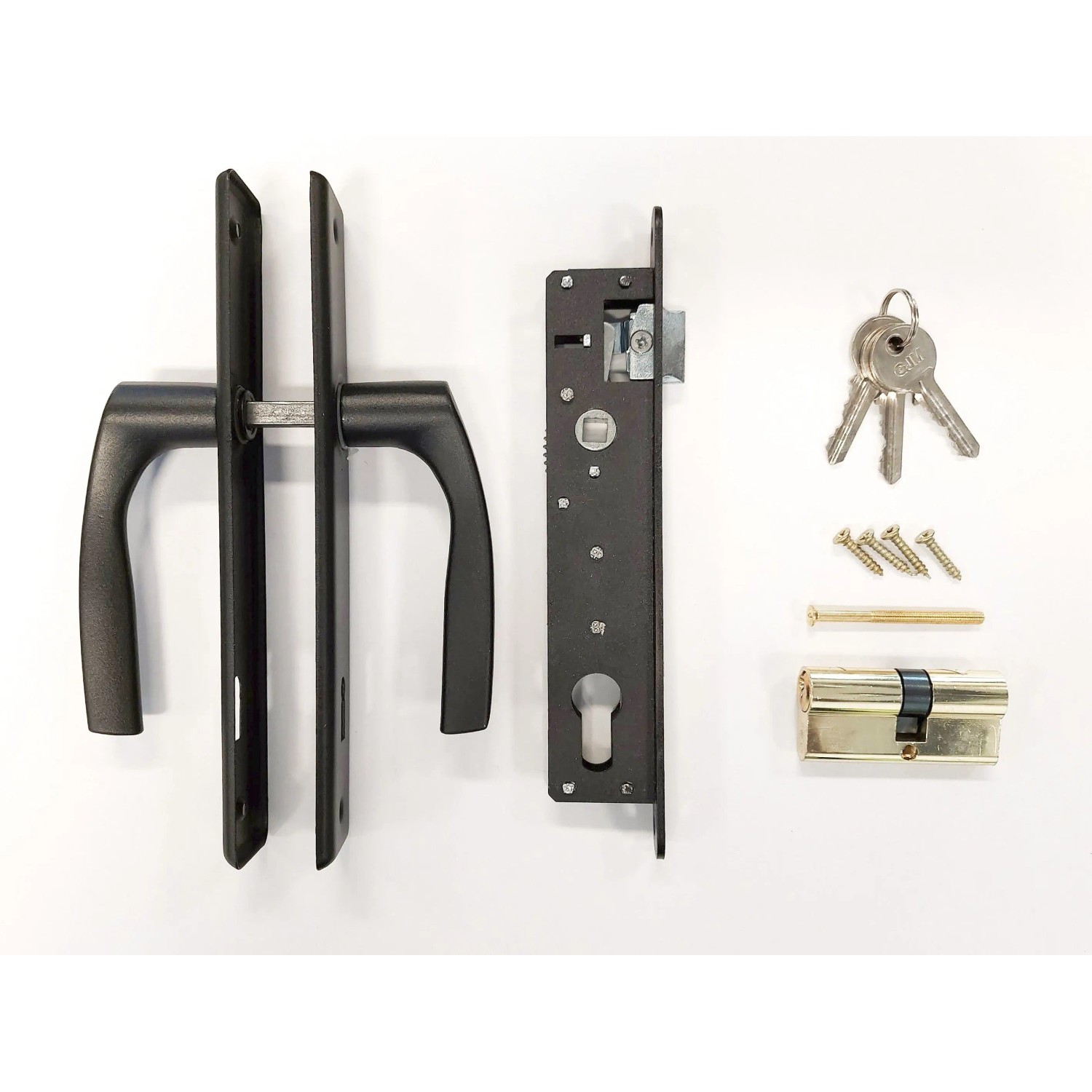 Schloss-Set für Altanka Gartenhaus: Schwarze Türgriffe, Schlosskasten, Zylinder und Schlüssel.