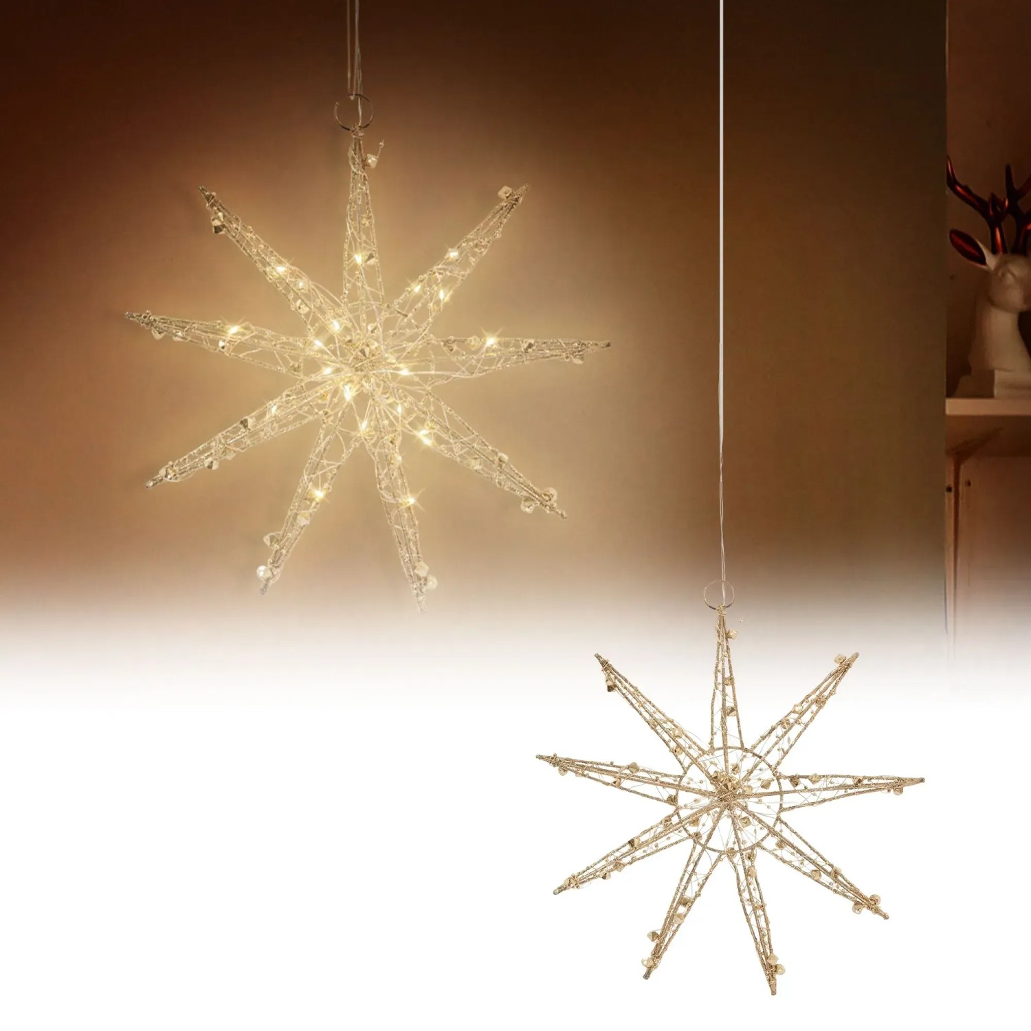 Goldener LED Deko Weihnachtsstern (30 cm) mit warmweißen LEDs für stimmungsvolle Weihnachtsdekoration.