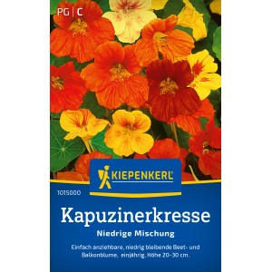 Kiepenkerl Kapuzinerkresse niedrige Mischung, mehrfarbige Blüten in Gelb-, Orange- und Rottönen.